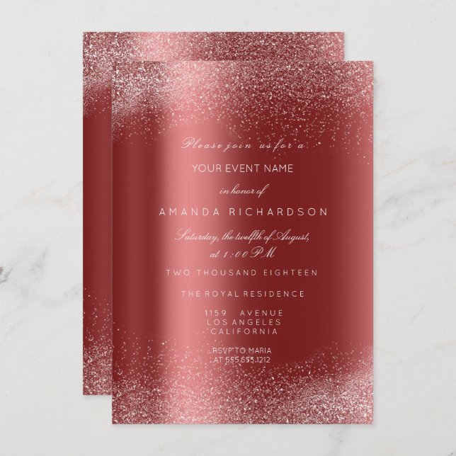 Invitation Burgundy White Glitter Leafs Sand Frame Glam (Devant / Derrière)