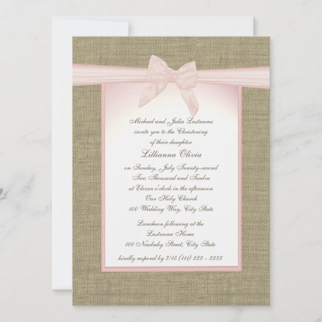 Invitation Burlap Baby Rose Christening (Devant)