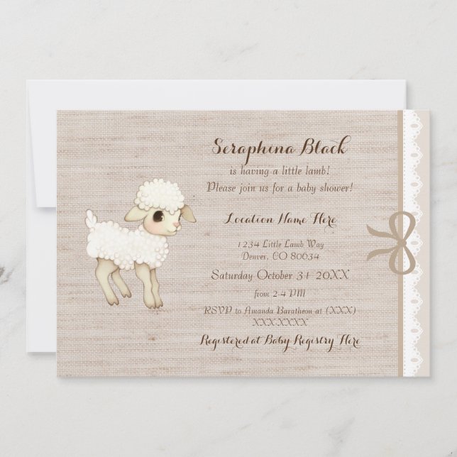 Invitation Burlap Beige Bébé Mouton Petit Baby shower agneau (Devant)