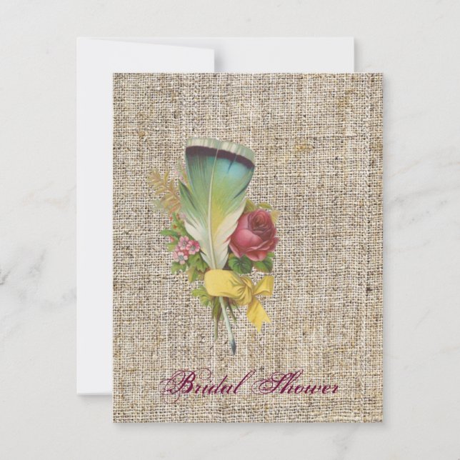 Invitation burlap boho plume fleur sauvage bohème mariage (Devant)