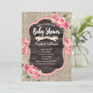 Invitation Burlap Bois Fleurs roses Baby shower fille