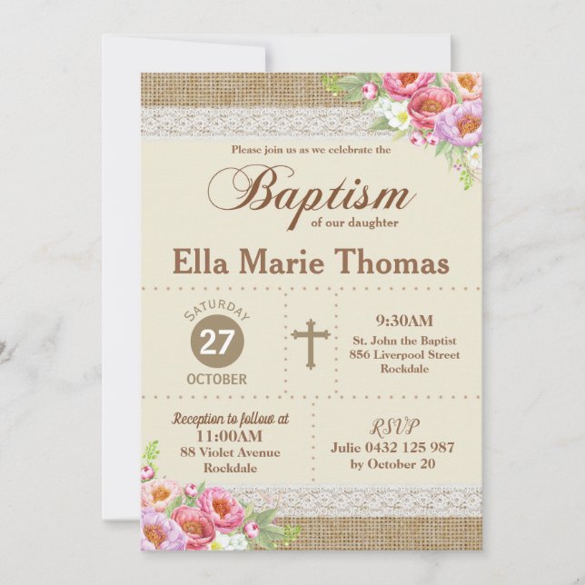 Invitation Burlap Dentelle Florale Christening Baptême Rustiq (Devant)
