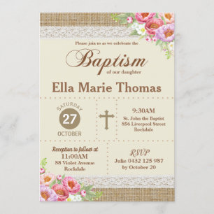 Invitation Burlap Dentelle Florale Christening Baptême Rustiq