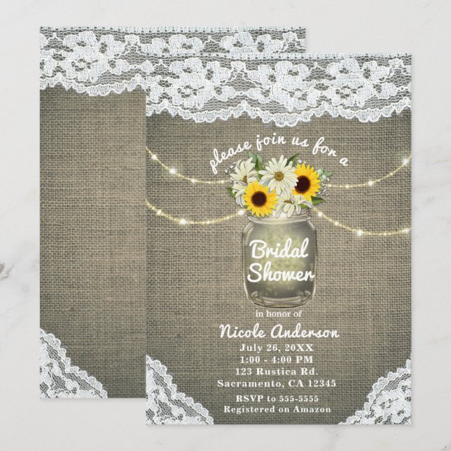 Invitation Burlap Dentelle tournesol & marguerites Mason Jar  (Devant / Derrière)