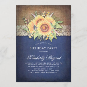 Invitation Burlap Dentelle Tournesol Navy Russe fête d'annive