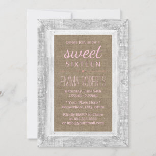 Invitation Burlap en bois rustique Sweet 16 rose Anniversaire
