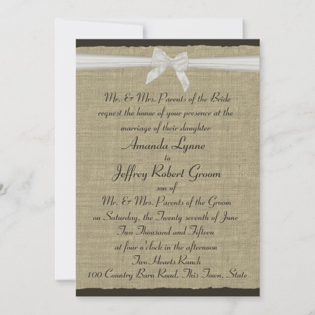 Invitation Burlap et Bow rustiques (Devant)
