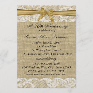 Invitation Burlap et dentelle avec Gold Bow 50e anniversaire