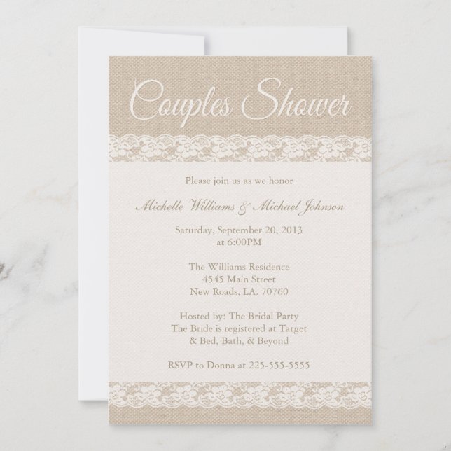 Invitation Burlap et dentelle| Douche pour couples (Devant)