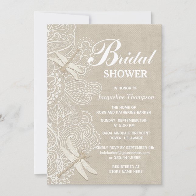 Invitation Burlap et dentelle Fête des mariées rustique (Devant)