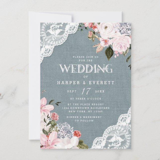 Invitation Burlap et dentelle Rustique Dusty Blue Floral Mari (Devant)