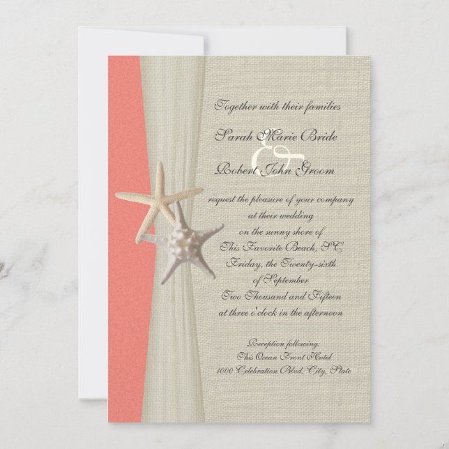 Invitation Burlap et Starfish Shell Coral Beach Mariage (Dos)