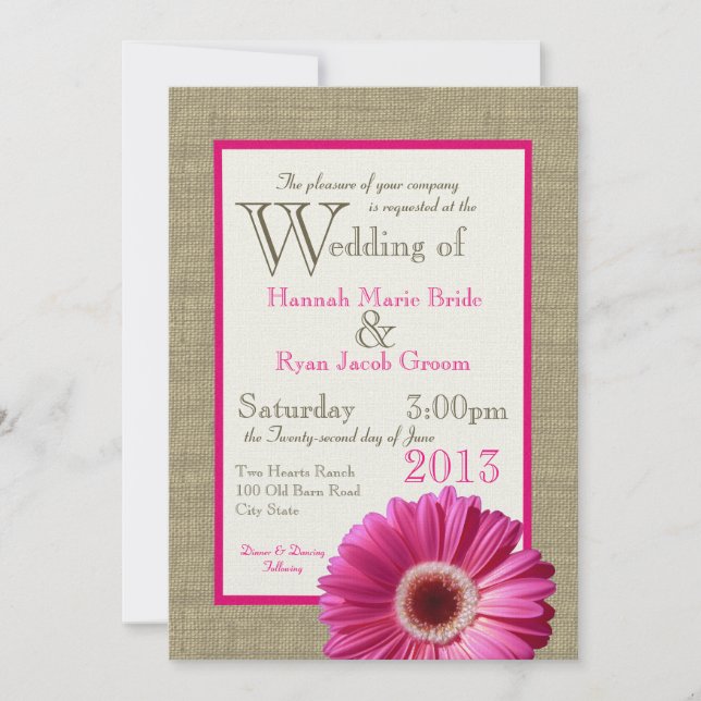 Invitation Burlap Fuchsia Gerbera Daisy Mariage (Devant)