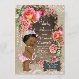 Invitation Burlap Lace Pearl Ethnic Princess Baby shower
