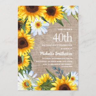 Invitation Burlap Marguerites Blanches Tournesol Jaune 40e An