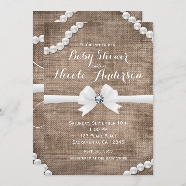Invitation Burlap & Pearl Rustic Glamor Oh Baby shower (Devant / Derrière)
