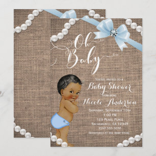 Invitation Burlap & Pearls Blue Bow Ethnic Baby Boy Douche