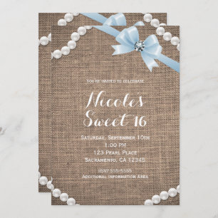 Invitation Burlap & Pearls Blue Bow Glamor Sweet 16 Party