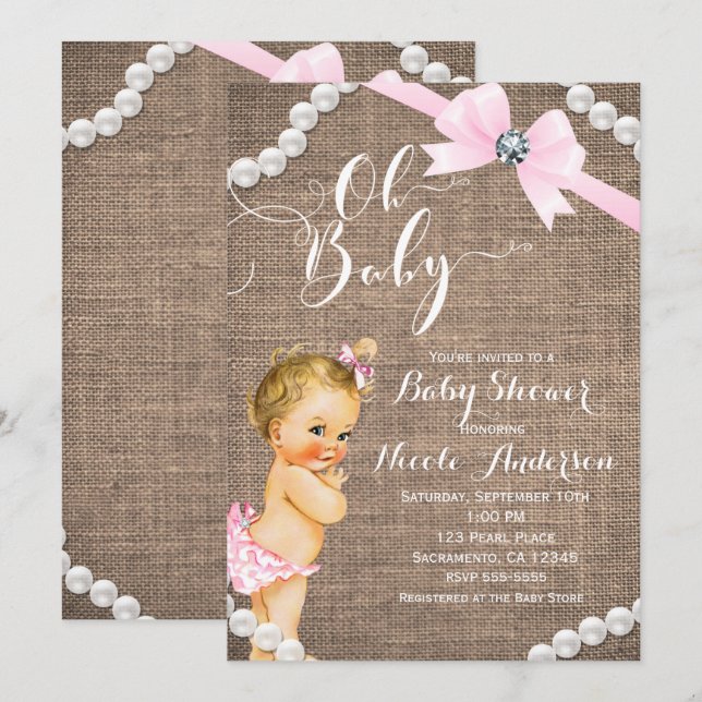 Invitation Burlap & Pearls Pink Bow Blonde Baby Girl Douche (Devant / Derrière)