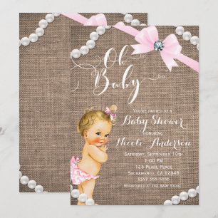 Invitation Burlap & Pearls Pink Bow Blonde Baby Girl Douche