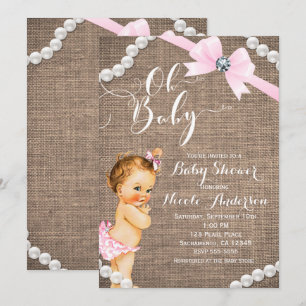 Invitation Burlap & Pearls Rose Fille Baby Shower