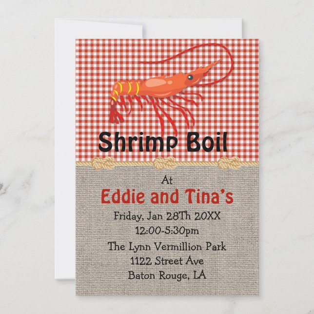 Invitation Burlap Red En vichy crevettes bouillir (Devant)