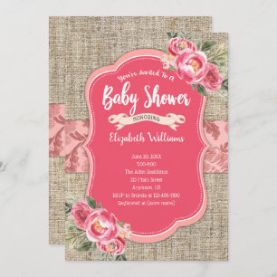 Invitation Burlap Rose Aquarelle Fleurs Baby shower fille