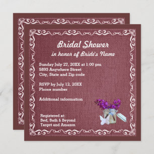 Invitation Burlap Rouge, Fleurs Violettes, Fête des mariées J