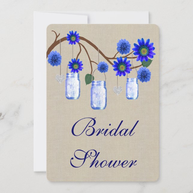 Invitation Burlap Rustic Blue Mason Jars Fête des mariées Inv (Devant)