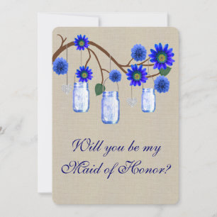 Invitation Burlap Rustic Blue Mason Jars Maid Of Honor Card