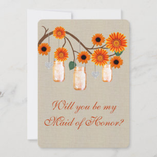 Invitation Burlap Rustic Orange Mason Jars Maid Of Honor Card