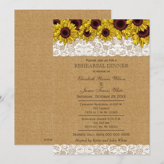 Invitation Burlap Rustic Tournesol répétition dîner invitatio (Devant / Derrière)
