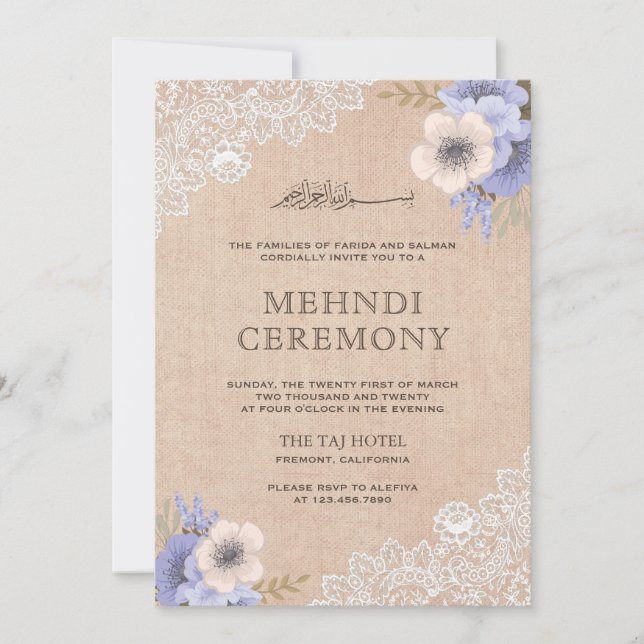 Invitation Burlap Rustique Dentelle Fleurs Violettes Mehndi I (Devant)
