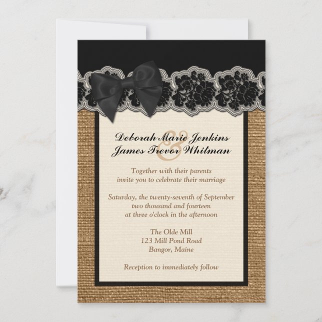 Invitation Burlap Rustique, Dentelle IMPRIMÉE, Mariage de la  (Devant)