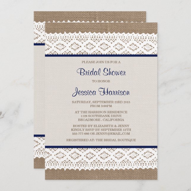 Invitation Burlap rustique et Fête des mariées en dentelle bl (Devant / Derrière)