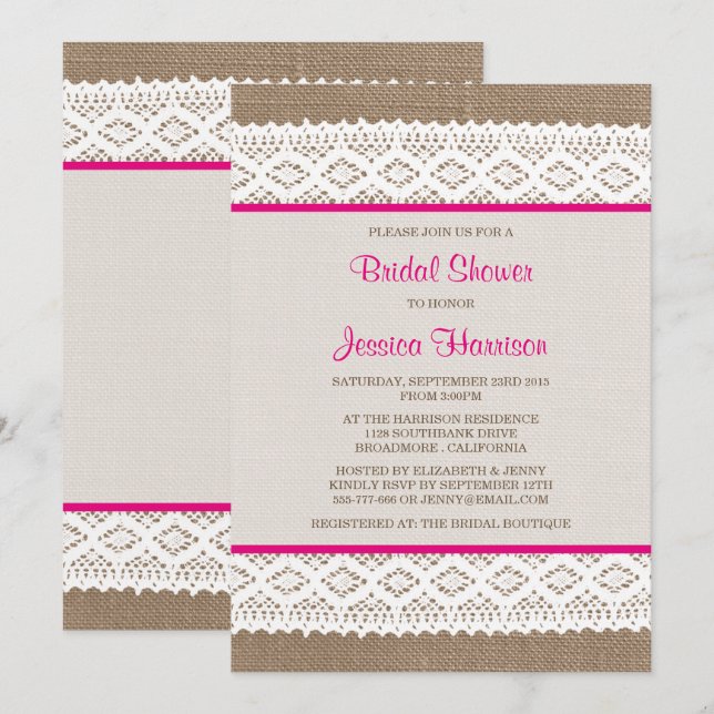 Invitation Burlap rustique et Fête des mariées en dentelle bl (Devant / Derrière)