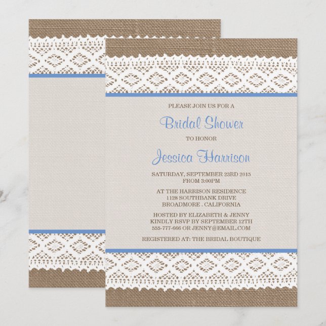 Invitation Burlap rustique et Fête des mariées en dentelle bl (Devant / Derrière)