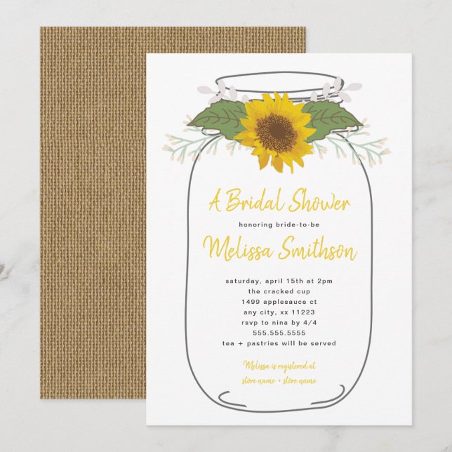 Invitation Burlap Sunflower Mason Jar Fête des mariées | BLAN (Devant / Derrière)