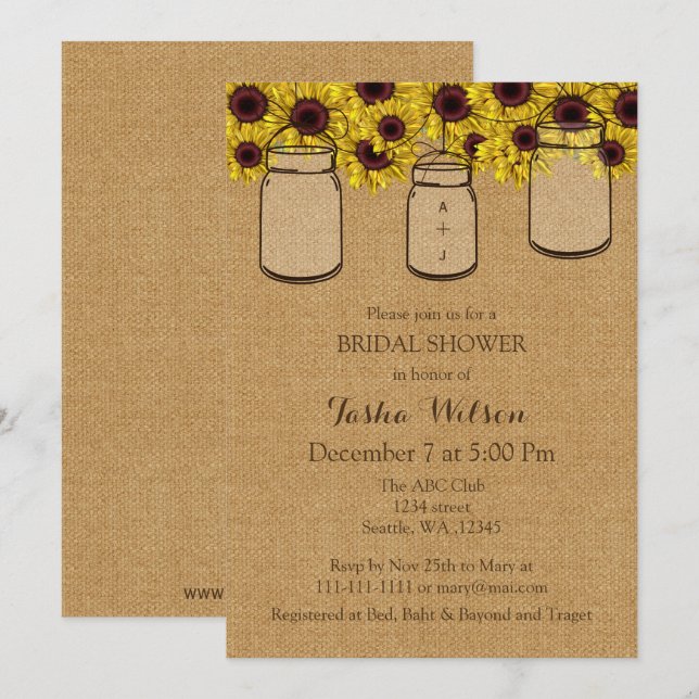 Invitation Burlap Sunflowers Mason Jars Fête des mariées Invi (Devant / Derrière)