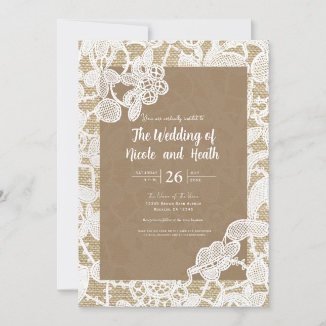Invitation Burlap & White Floral Lace Élégant Mariage rustiqu (Devant)