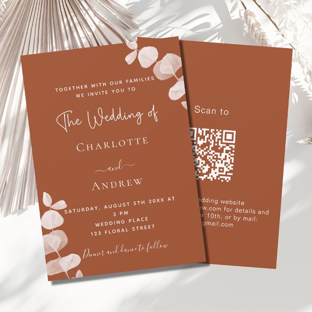 Invitation Burning orange eucalyptus QR code détails mariage (Créateur téléchargé)