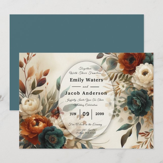 Invitation Burnt Orange and Blue Fall Flowers Wedding  (Devant / Derrière)