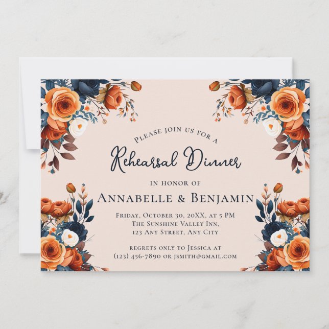 Invitation Burnt Orange and Navy Wedding Rehearsal Dinner  (Devant)