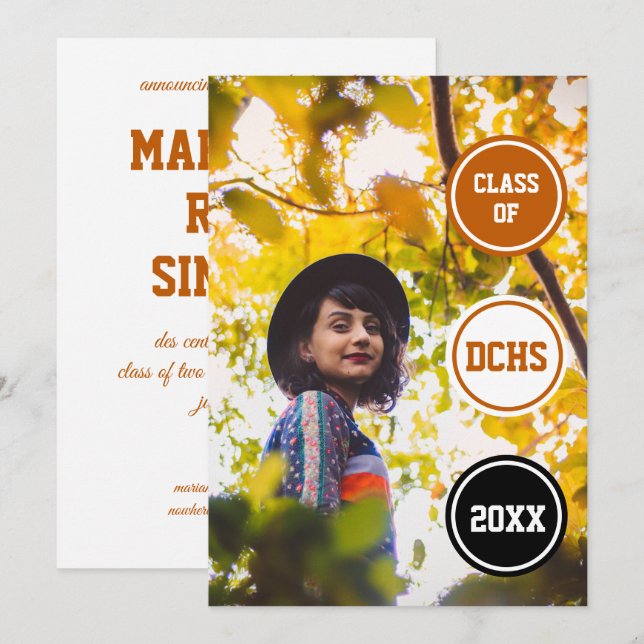 Invitation Burnt Orange Circles Photo Graduation (Devant / Derrière)