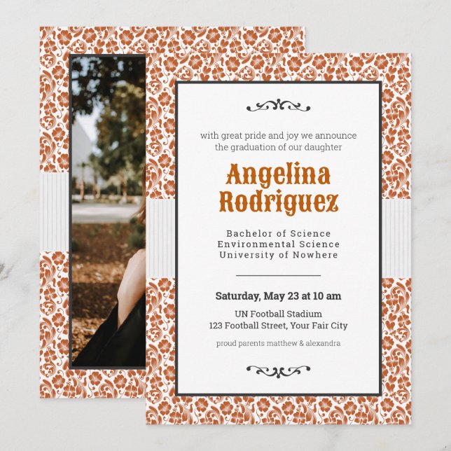 Invitation Burnt Orange Floral Damask Photo Graduation (Devant / Derrière)
