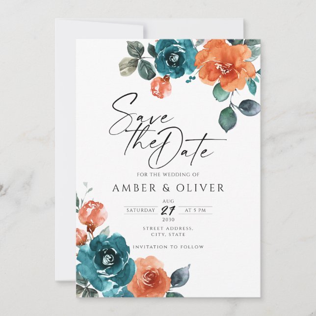 Invitation Burnt Orange Turquoise Aquarelle Floral Enregistre (Devant)