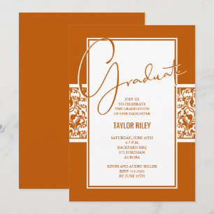 Invitation Burnt Orange White Damask Graduation
