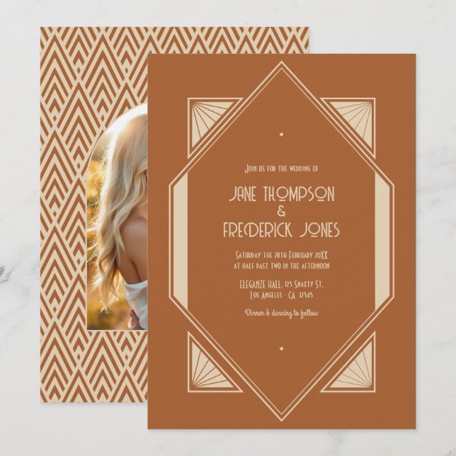 Invitation Burnt Sienna & Desert Taupe Art Deco Wedding Photo (Devant / Derrière)