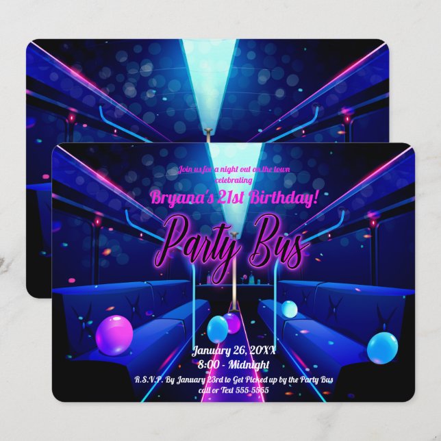 Invitation Bus de fête Glow Party Hopping 21e anniversaire (Devant / Derrière)