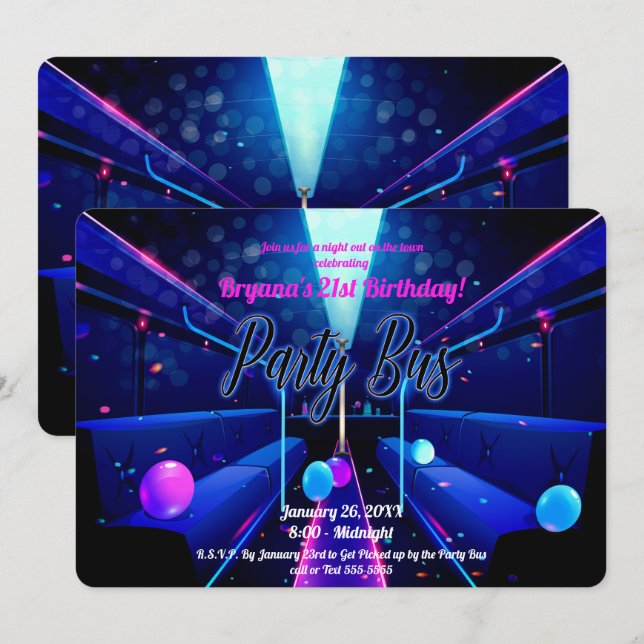 Invitation Bus de fête Glow Party Hopping 21e anniversaire (Devant / Derrière)